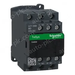 LC1D09B7 IEC contactor, TeSys Deca, nonreversing, 9A, 5HP at 480VAC, up to 100kA SCCR, 3 phase, 3 NO, 24VAC 50/60Hz coil, open style